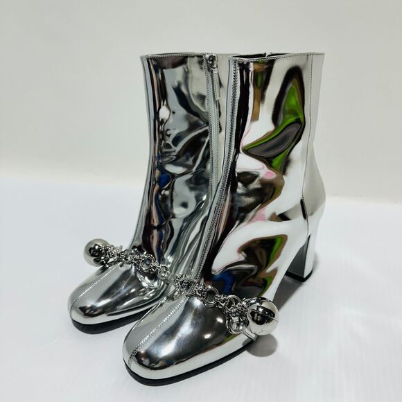 Longchamp Bootie 40/ US 10 Silver Patent Leather Block Heel Ankle Boots $775 - Picture 4 of 12